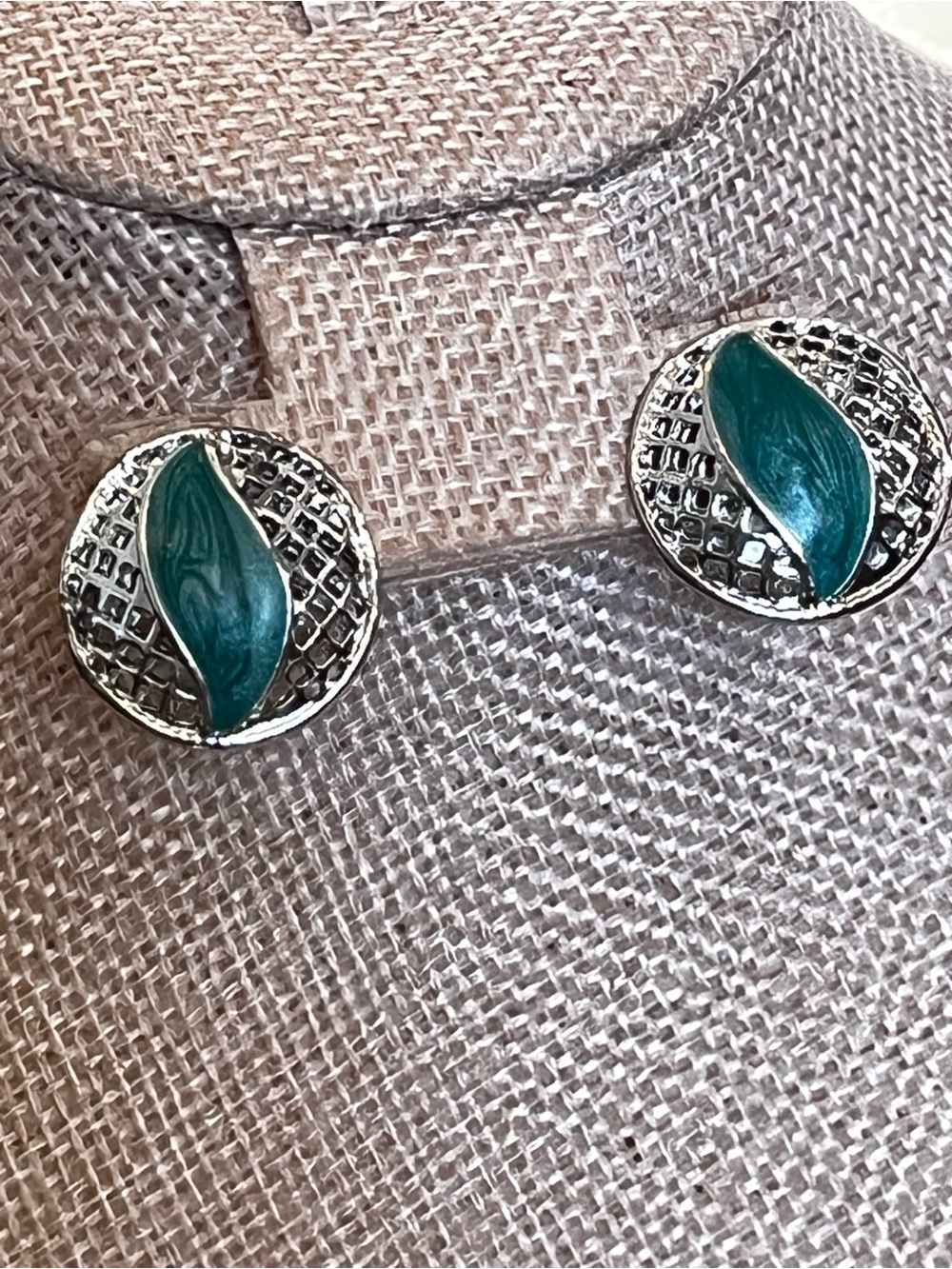 Vintage Enamel Silver-Tone Teal Leaf Stud Earrings